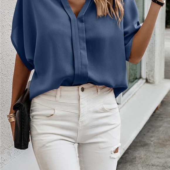 CCTOO Blouse Shirt Top V Neck Short Sleeve Curved Hem Chiffon Dressy Blue L - Picture 6 of 8